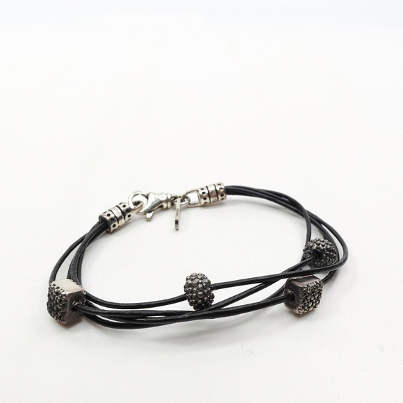 King Baby Studio Black Multi Stranded Leather Bracelet With Beads Silver .925 LG